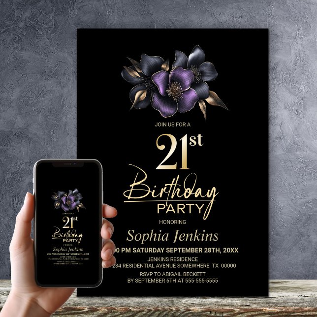 Black Purple Grey Floral 21st Birthday Party Invitation (Creator Uploaded)
