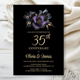 Black Purple Grey Floral 35th Anniversary Invitation