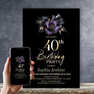Black Purple Grey Floral 40th Birthday Party Invitation