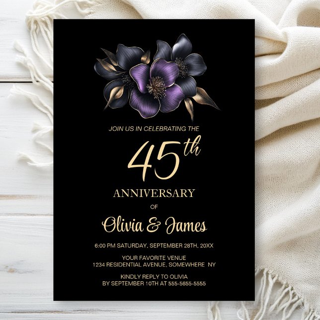 Black Purple Grey Floral 45th Anniversary Invitation (Creator Uploaded)