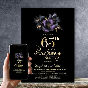 Black Purple Grey Floral 65th Birthday Party Invitation