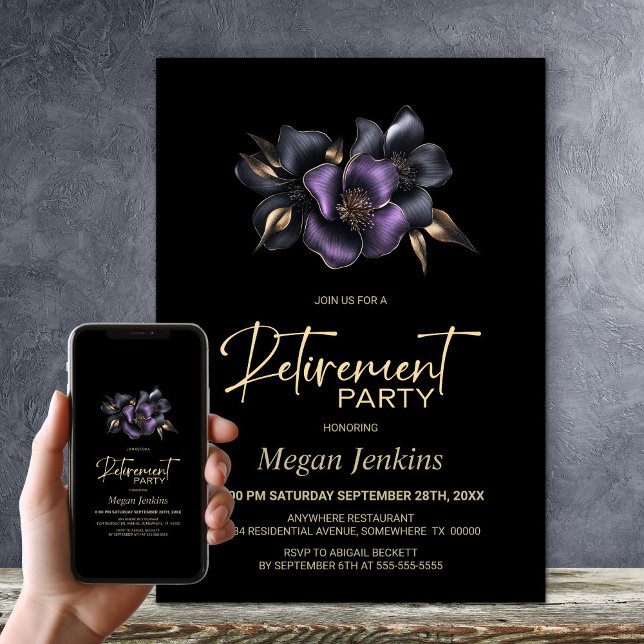Black Purple Grey Floral Retirement Party Invitation (Creator Uploaded)