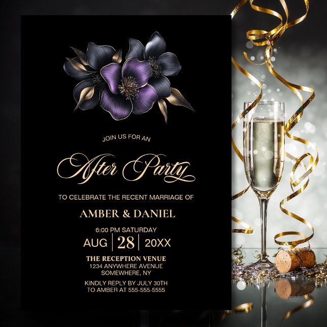 Black Purple Grey Floral Wedding After Party Invitation (Creator Uploaded)