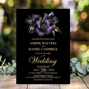 Black Purple Grey Floral Wedding Invitation