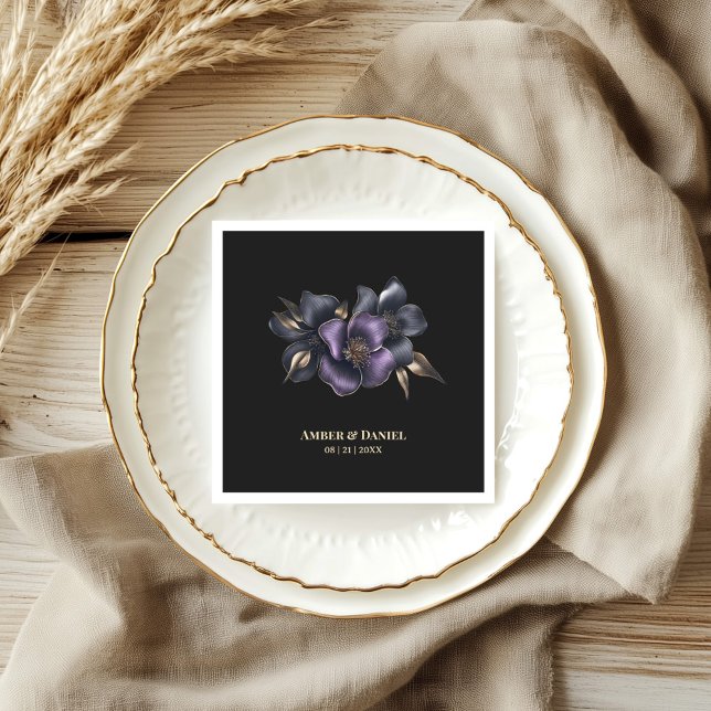 Black Purple Grey Floral Wedding Napkins (Creator Uploaded)