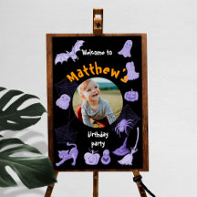 Black purple Halloween birthday welcome sign