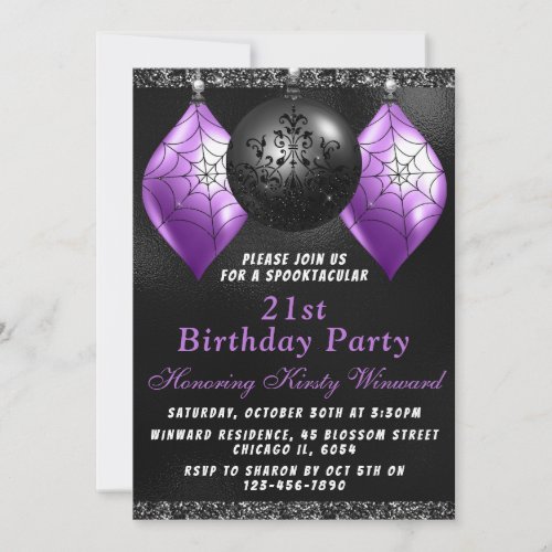 Black Purple Halloween Ornaments Birthday Party Invitation