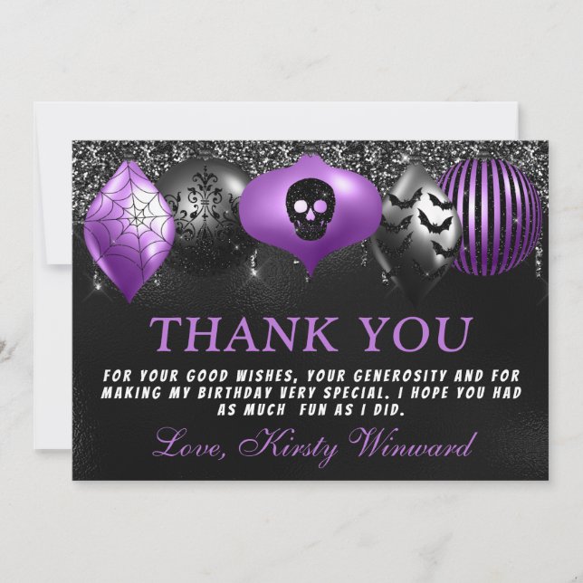 Black Purple Halloween Ornaments Birthday Thank You Card (Front)