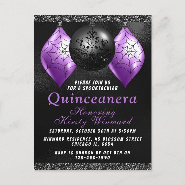 Black Purple Halloween Ornaments Quinceañera Postcard (Front)