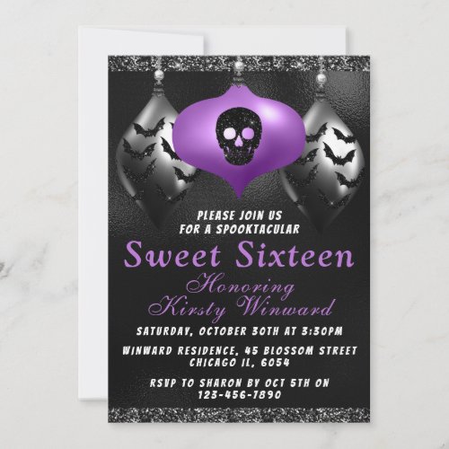 Black Purple Halloween Ornaments Sweet 16 Invitation