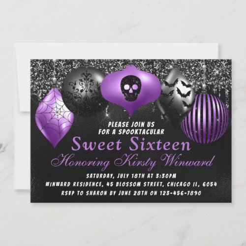 Black Purple Halloween Ornaments Sweet 16 Invitation