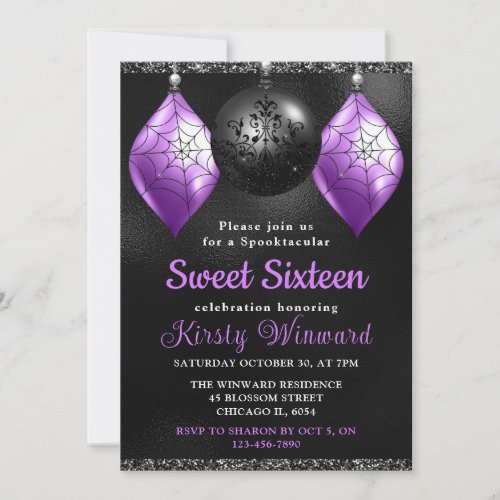 Black  Purple Halloween Ornaments Sweet 16 Invitation