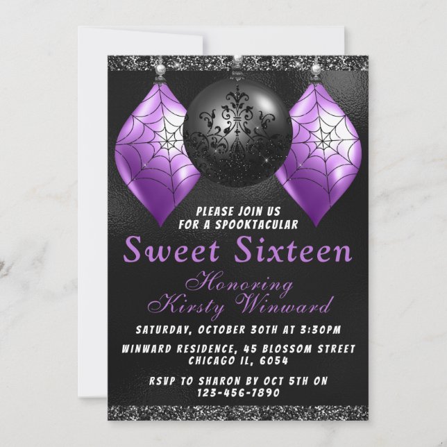 Black Purple Halloween Ornaments Sweet 16 Invitation (Front)