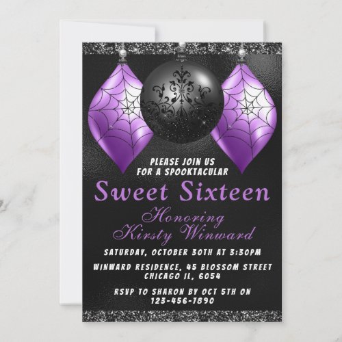 Black Purple Halloween Ornaments Sweet 16 Invitation