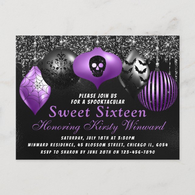 Black Purple Halloween Ornaments Sweet 16 Postcard (Front)