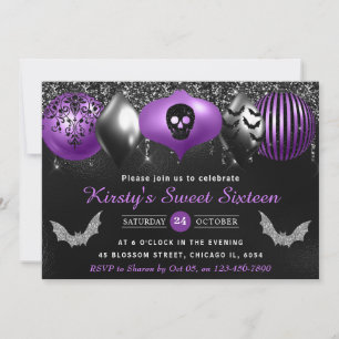 Black & Purple Halloween Ornaments Sweet Sixteen Invitation
