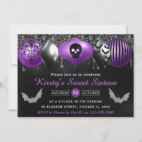 Black  Purple Halloween Ornaments Sweet Sixteen Invitation