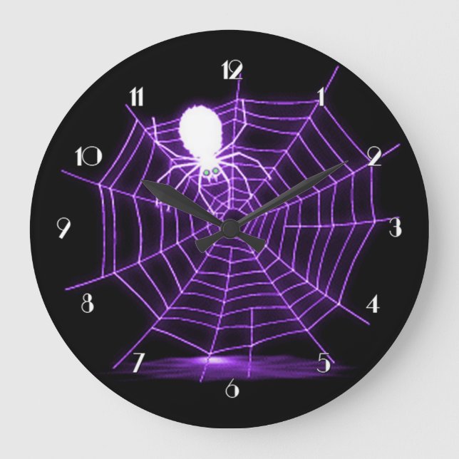 Black & Purple Halloween Spider Web Large Clock (Front)