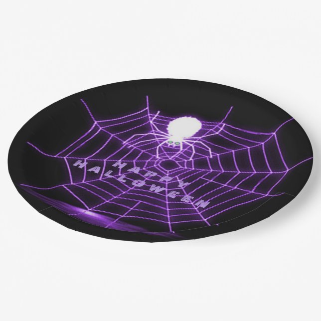 Black & Purple Halloween Spider Web Paper Plates (Angled)