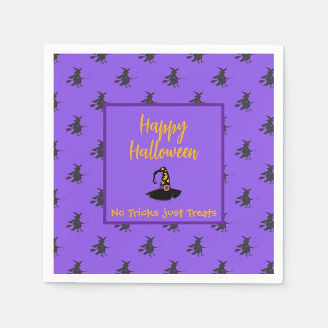 Black purple Halloween witches hat broomstick Napkins (Front)