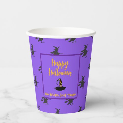 Black purple Halloween witches hat broomstick Paper Cups