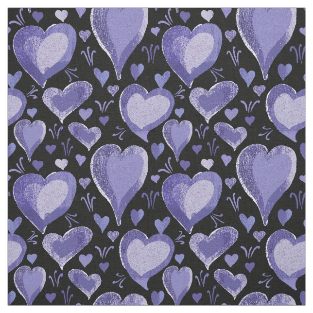 Black Purple Hearts Pattern Drawing Fabric (Swatch)