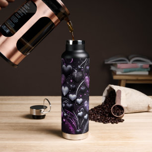 Black & Purple Hearts Water Bottle