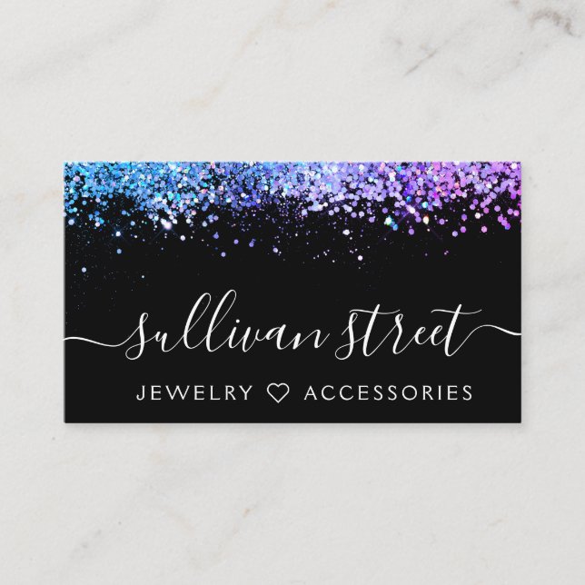 Black Purple Holographic Glitter Jewelry Boutique  Business Card (Front)