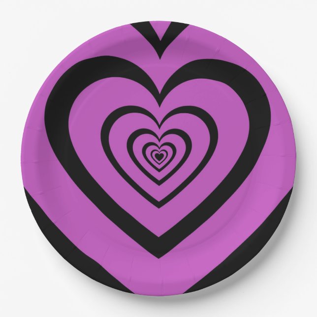 Black Purple Hypnotic Heart Love Pattern Paper Plates (Front)