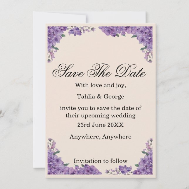 Black & Purple Jacaranda Flowers Save the Date  Invitation (Front)