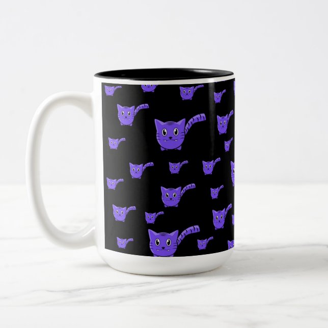 Black & Purple Kitty Pattern Two-Tone Coffee Mug (Left)