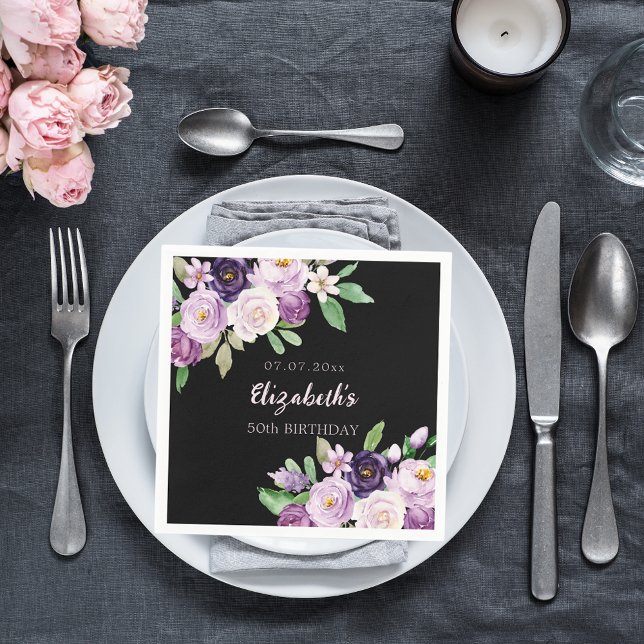 Black purple lavender pink florals birthday napkins (Creator Uploaded)