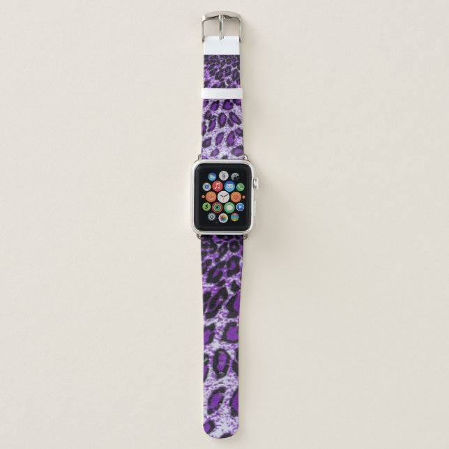 Black Purple Leopard Pattern Print Design Apple Watch Band (Front)