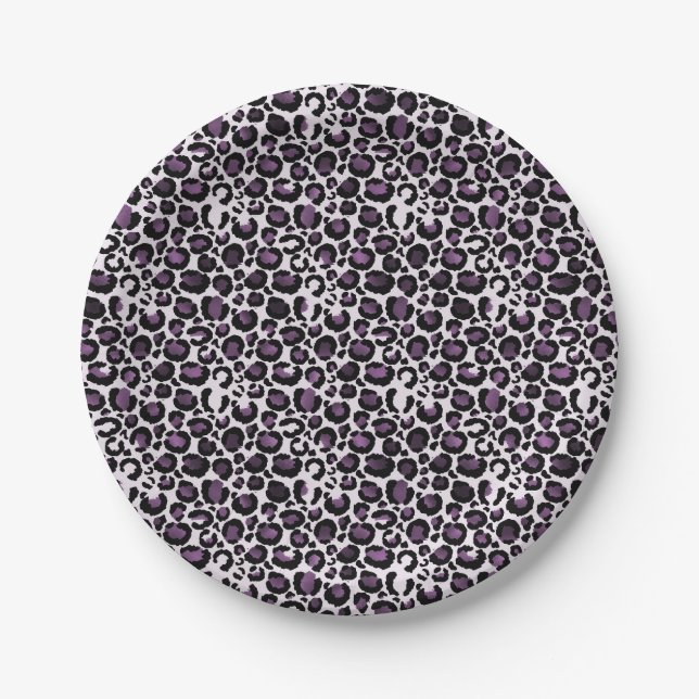 Black Purple Leopard Print Paper Plates (Front)