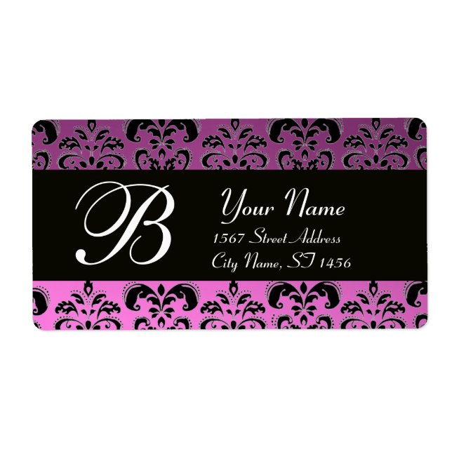 BLACK PURPLE  LILAC DAMASK MONOGRAM LABEL (Front)