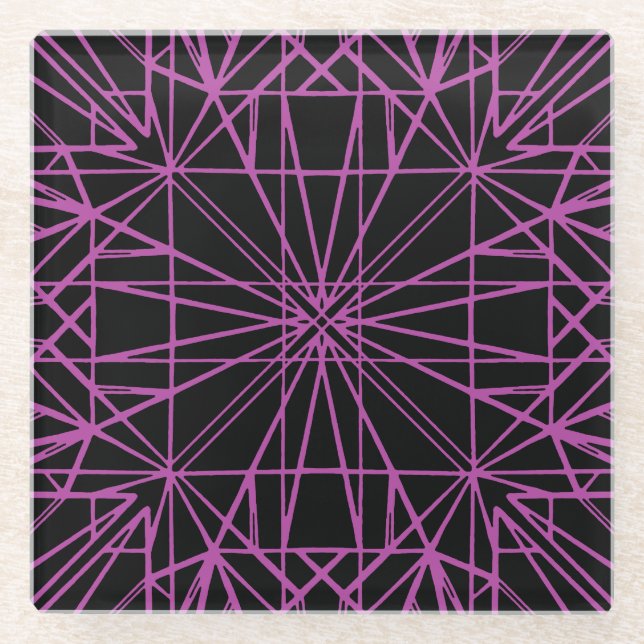 Black & Purple/Magenta Geometric Symmetry Glass Coaster (Front)