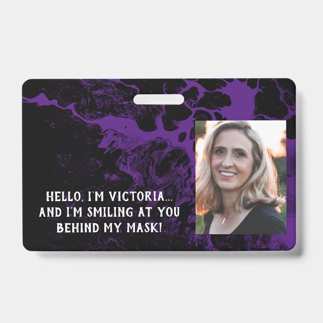 Black & Purple Marble Hello Behind the Mask Badge (Front)