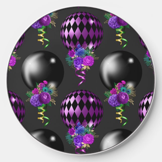 BLACK & PURPLE MARDI GRAS BALLOONS WIRELESS CHARGER  (Front)