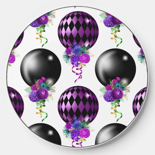 BLACK & PURPLE MARDI GRAS BALLOONS WITH FLOWERS WIRELESS CHARGER  (Front)