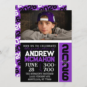 Black & Purple Modern Graduation Photo Invitation