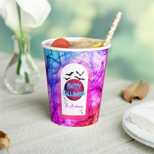 Black Purple Modern Spooky Bats Happy Halloween Paper Cups