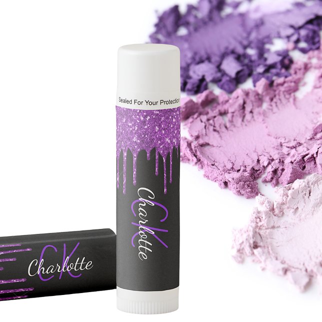Black purple monogram glitter drips script luxury lip balm (Creator Uploaded)