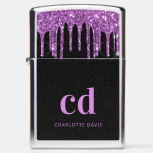Black purple monogram initials modern custom zippo lighter