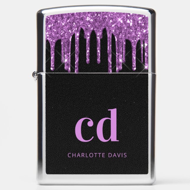 Black purple monogram initials modern custom zippo lighter (Front)
