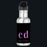 Black purple monogram name modern stainless steel water bottle<br><div class="desc">A classic black background. Pink purple colored text. Personalize and add your monogram initials and your name.</div>