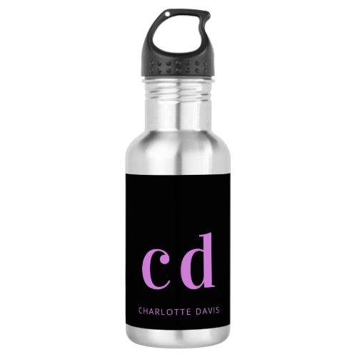 Black purple monogram name modern stainless steel water bottle