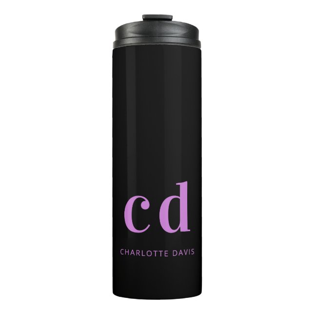 Black purple monogram name modern thermal tumbler (Front)