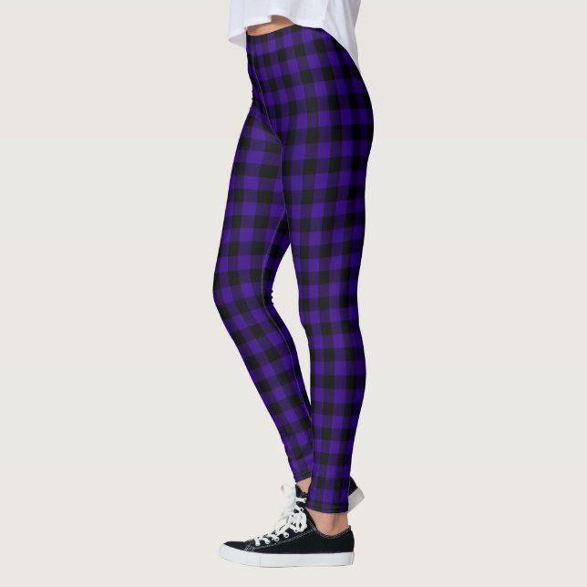 Black Purple Mulberry Blue Buffalo Plaid Leggings (Left)