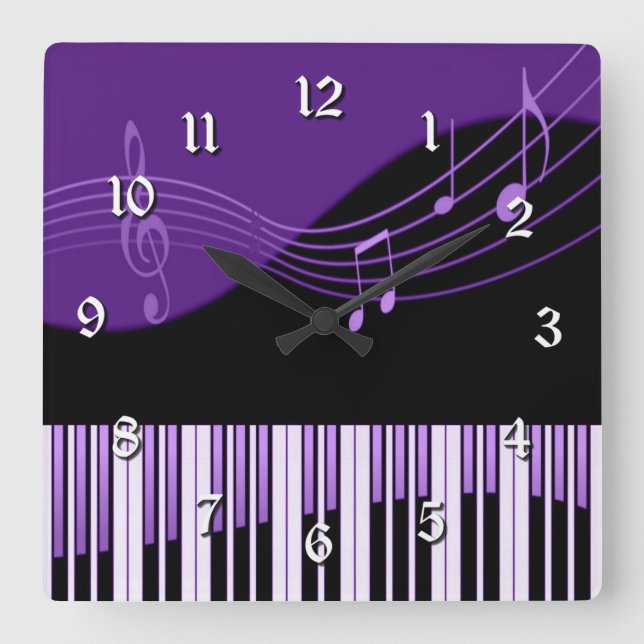 Black & Purple Musical Melody Square Wall Clock (Front)