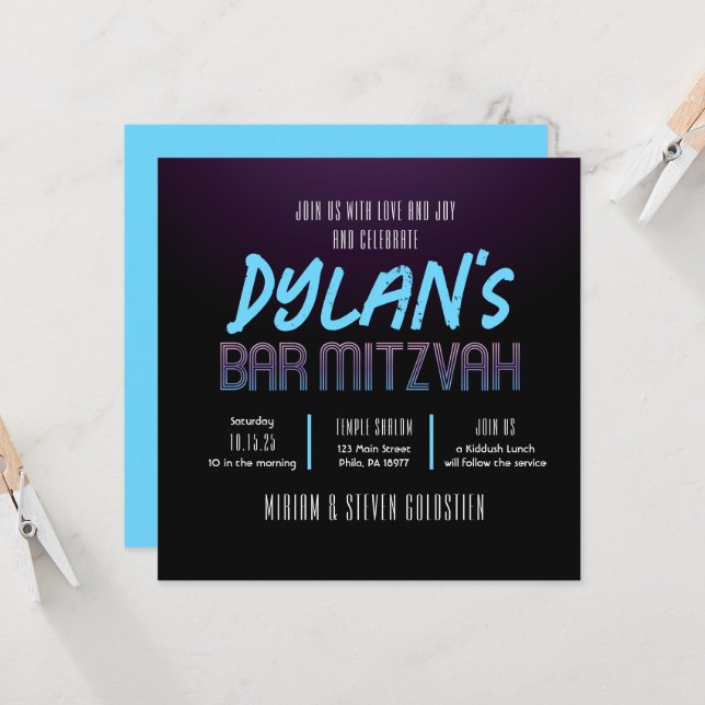 Black & Purple Neon Bat Bar Mitzvah Party Invitation (Front/Back In Situ)